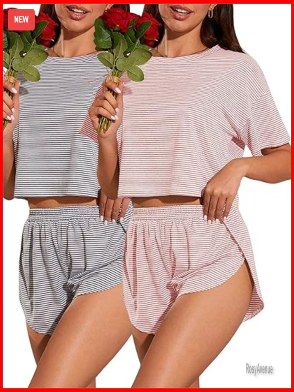Striped Short Sleeve T-Shirt and Split Shorts Pajama Set - 4 Piece Lounge Set